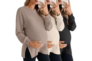 Sweetyweee 3 Pack Women's Maternity Shirts Long Sleeve Waffle Knit Side Split Oversized Tops Pregnancy Clothes Fall Tees