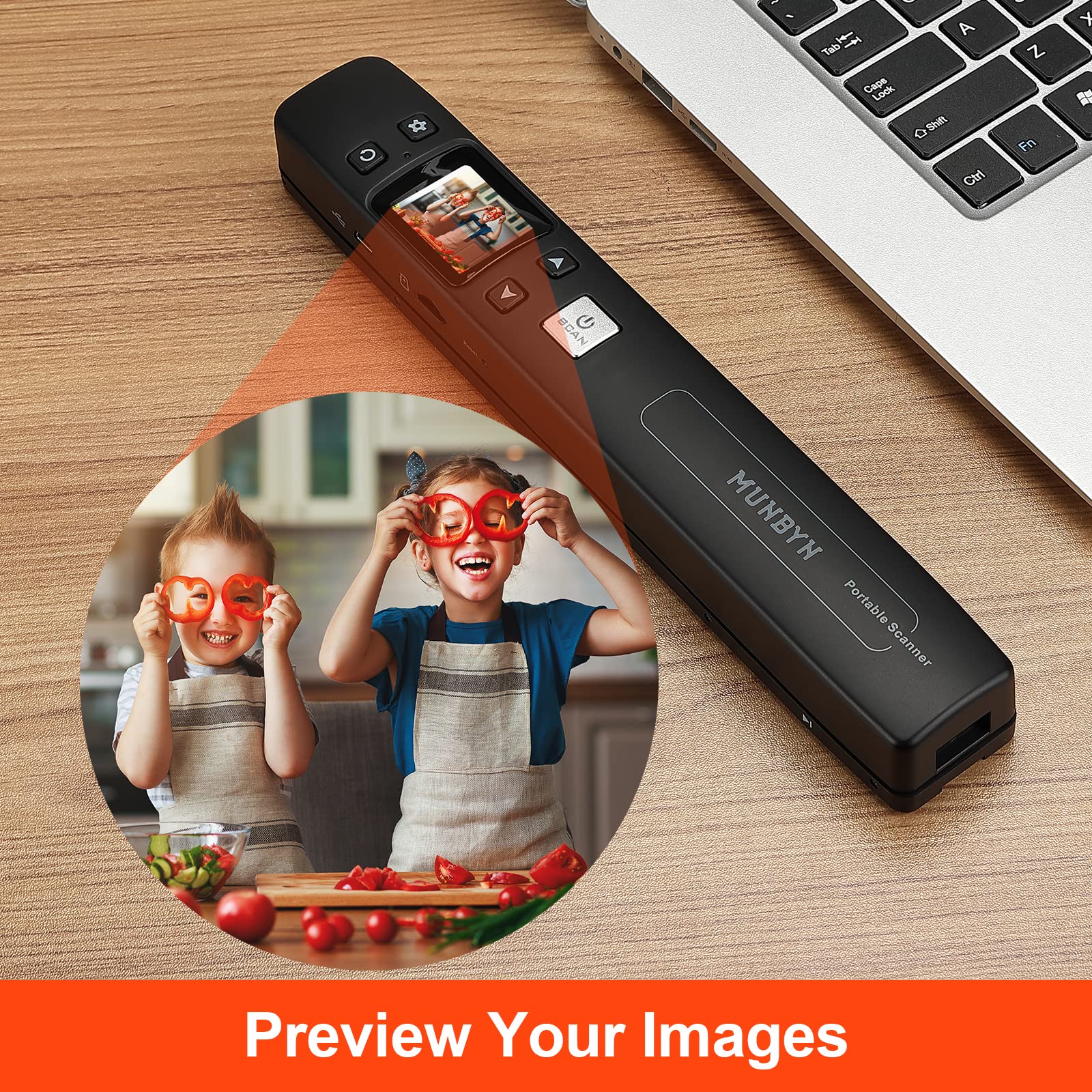 MUNBYN Portable Scanner, Photo Scanner for Documents, Pictures, Texts at 1050 DPI, Flat Scanning, Includes 16GB Card, Wand Document Reader with Wi-Fi or USB for Uploading to PC/Phone, No Driver Needed
