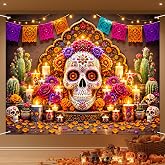 IVN Day of the Dead Sugar Skull Backdrop 8x6FT Banner | 8x6FT Polyester Dia De Los Muertos Skeleton Backdrop for Halloween parties, photo booths and themed event decorations.