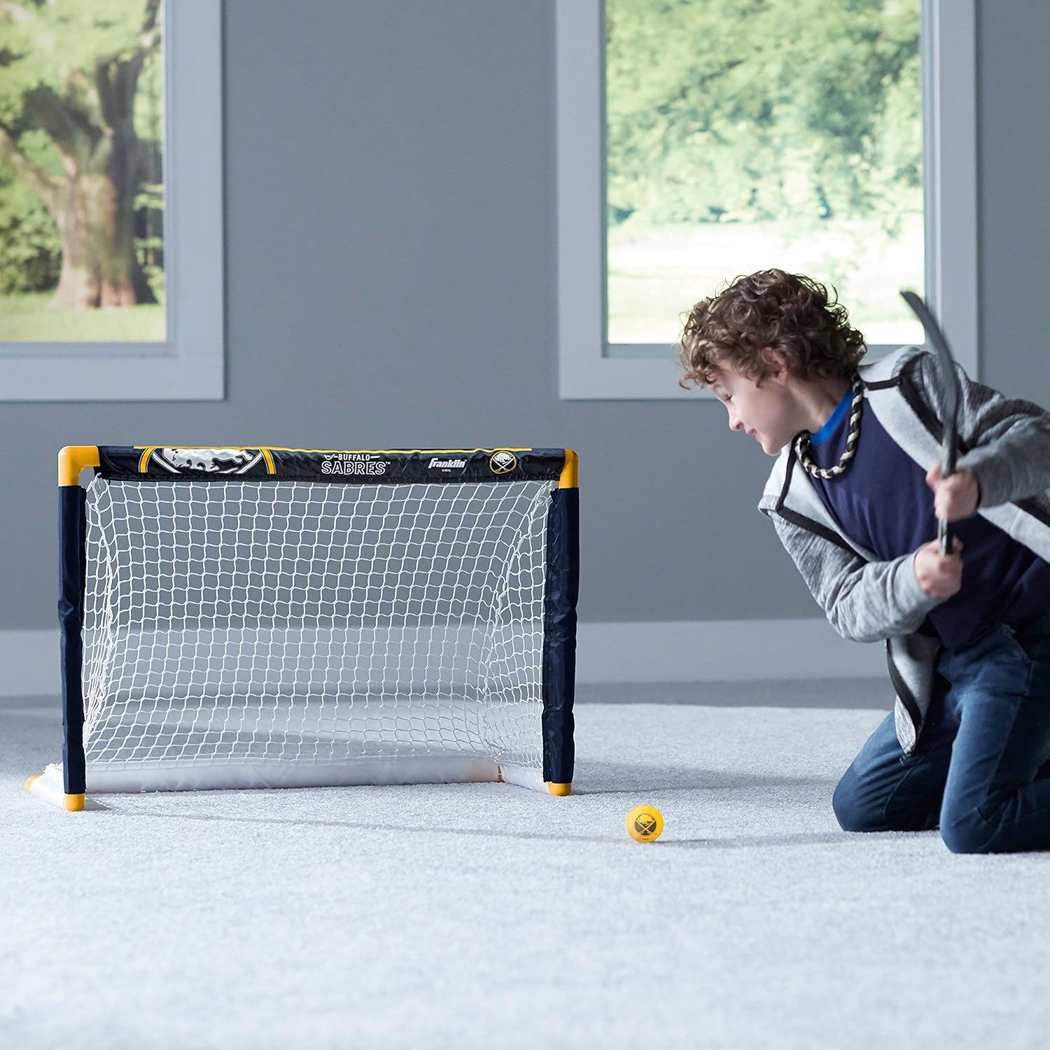 Franklin Sports Buffalo Sabres Mini Hockey Set - Knee Hockey Goal, Ball, & 2 Hockey Stick Combo Set - Mini Goal Net - NHL Official Hockey Set : Hockey Nets : Sports & Outdoors
