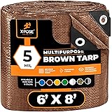 Multipurpose Protective Cover Brown Poly Tarp 6' x 8' - Durable, Water Resistant, Weather Resistant - 5 Mil Thick Polyethylen