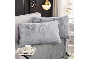 WERDIM Shaggy Fluffy Faux Fur Pillowcases 2 Pack Button Closure Velvet Pillow Shams Standard/Queen Size (Light Grey, 20 X 26 Inches)