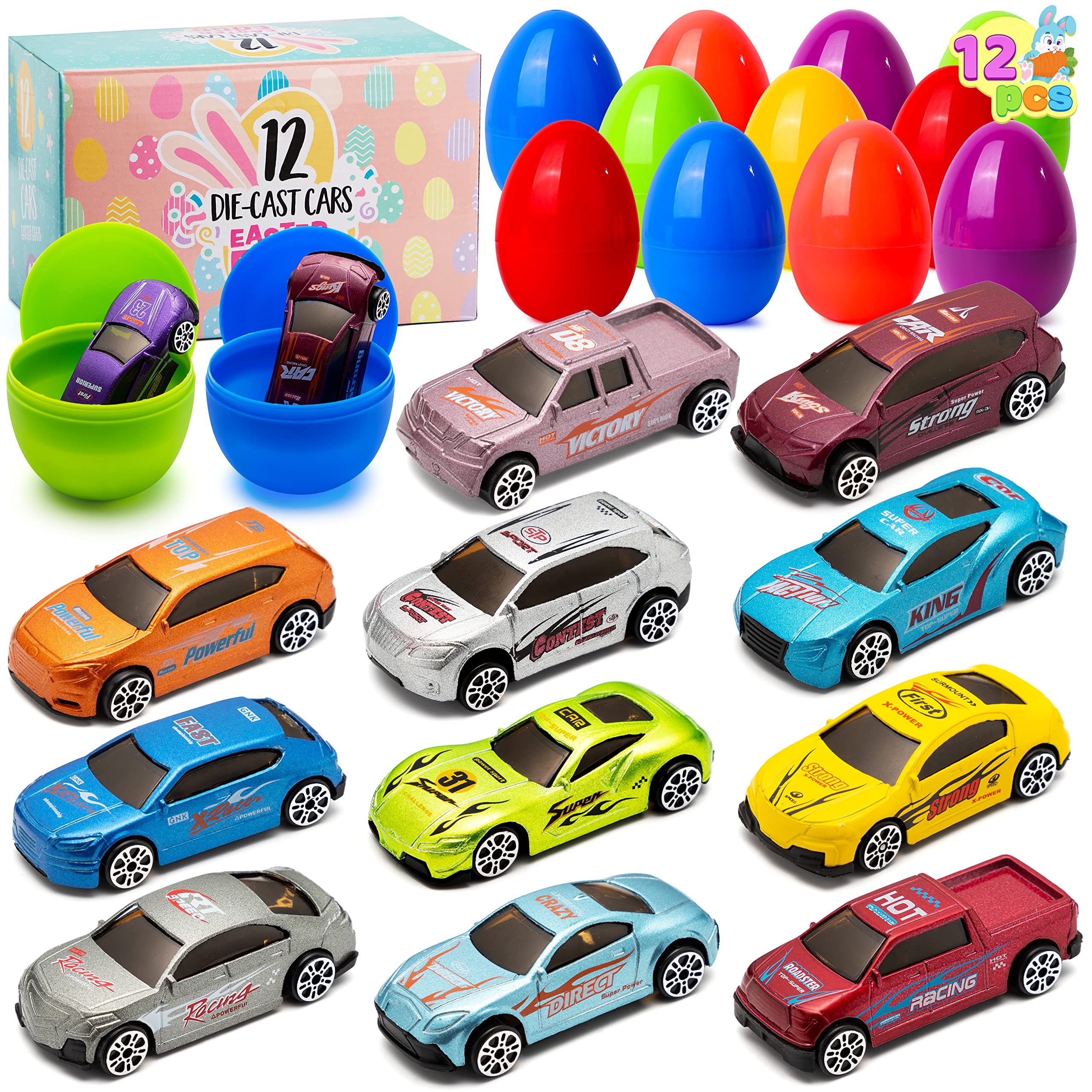 JOYIN 12 Pcs Prefilled Easter Eggs with Die-Cast Car Toys for Kids Boys Easter Egg Hunt, 3.2" (8cm) Plastic Easter Eggs Vehicles Gifts Game Easter Baskets Stuffer Party Bag Fillers Party Favors