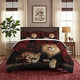 WeCozy Queen Size Comforter Set with 2 Pillowcases, Lion Family Soft 3 Pcs Bedding for Kids and Adults Bedroom Bed Decor