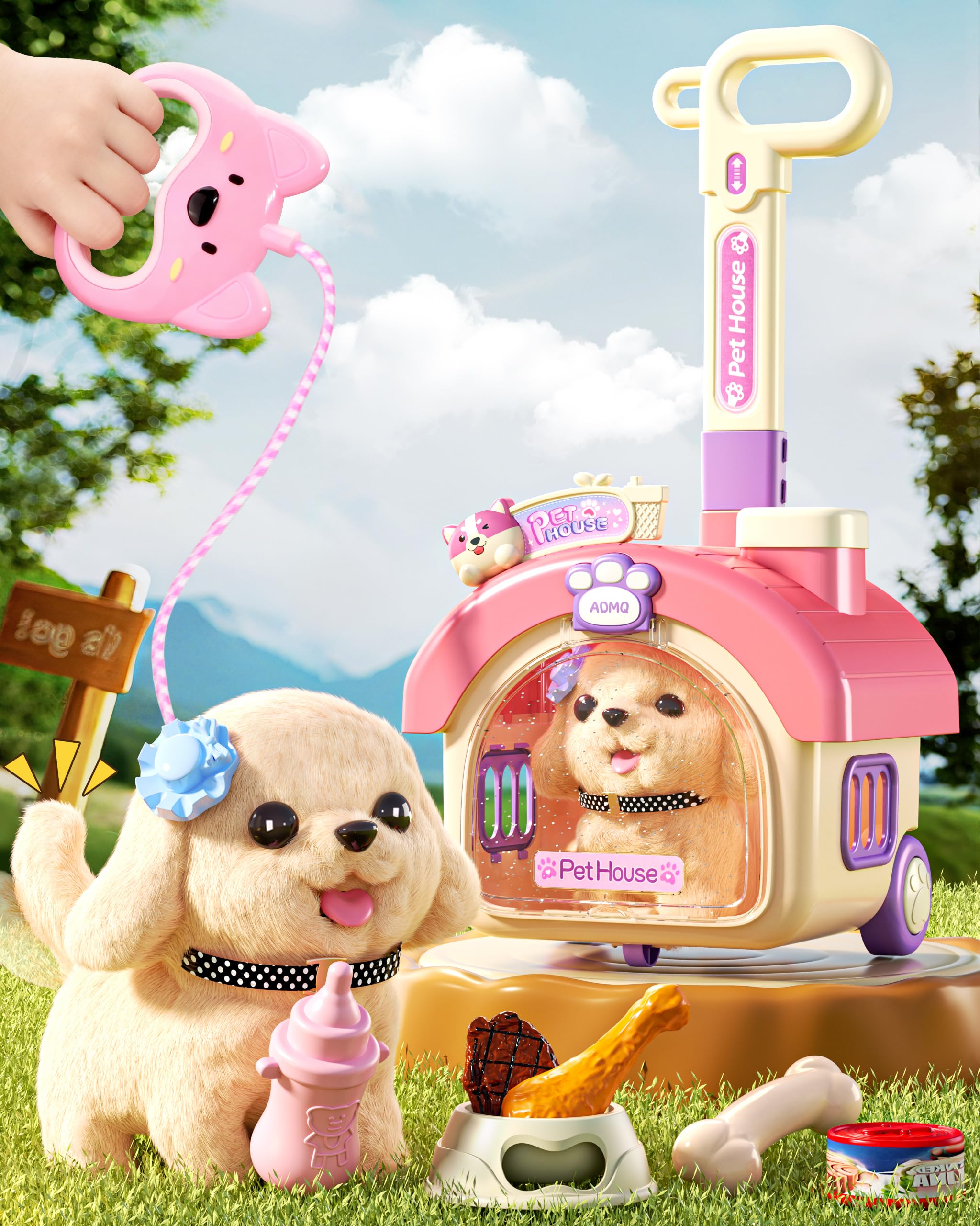 Photo 1 of 23Pcs Dog Toys for Kids Girls, Walking Barking Interactive Realistic Stuffed Dog with Portable Puppy Stroller & Accessories Toys, Pretend Puppy Pet Care Playset Gifts for Little Girls 3 4 5 6 Year Old