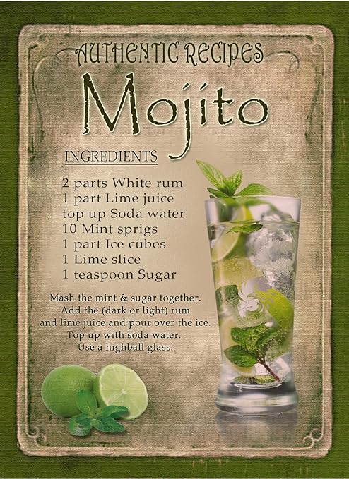 Plaque En Metal Avec Illustration Vintage De Recette Du Mojito