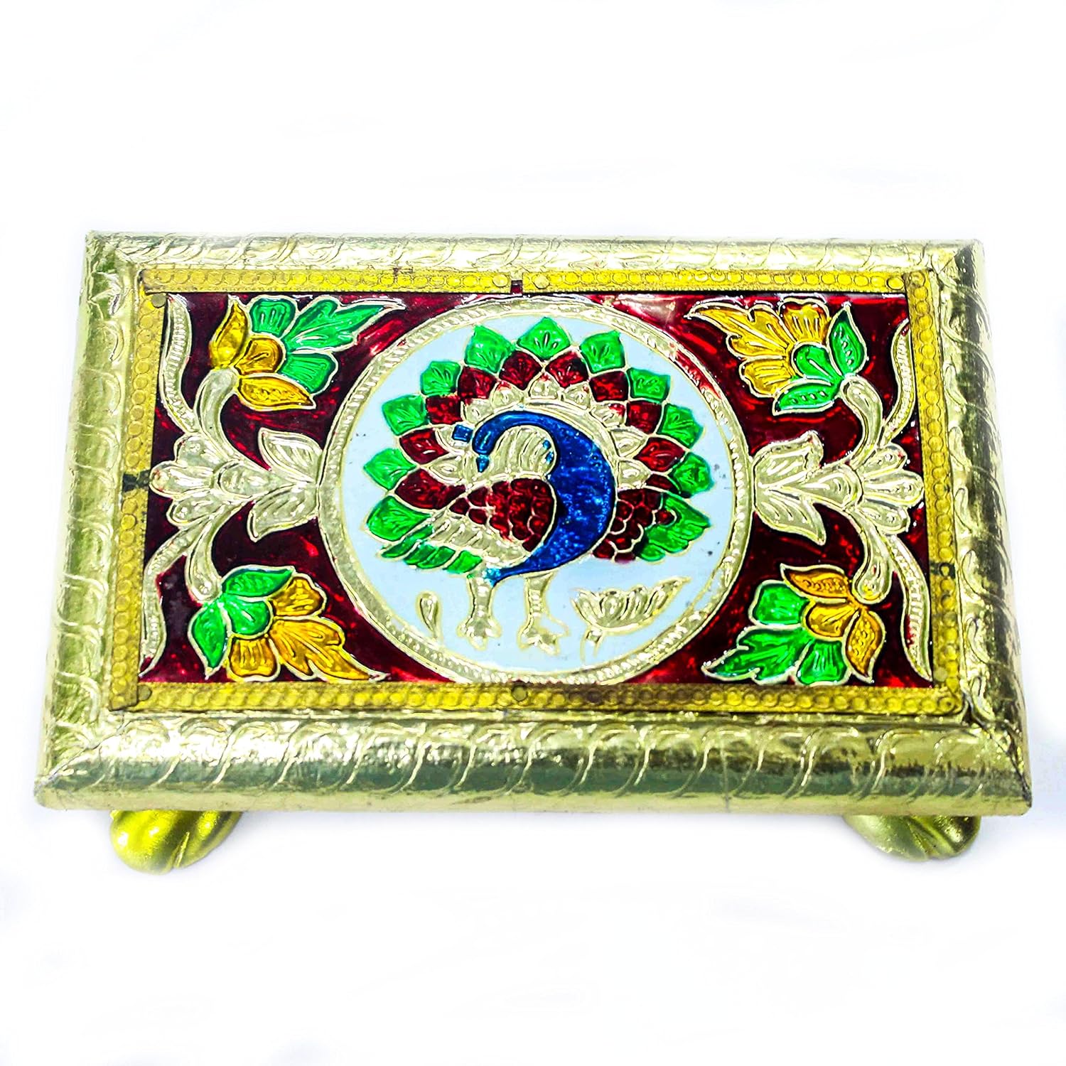 The Holy Mart Rectangular Wooden Golden Decorative Chowki 6x8
