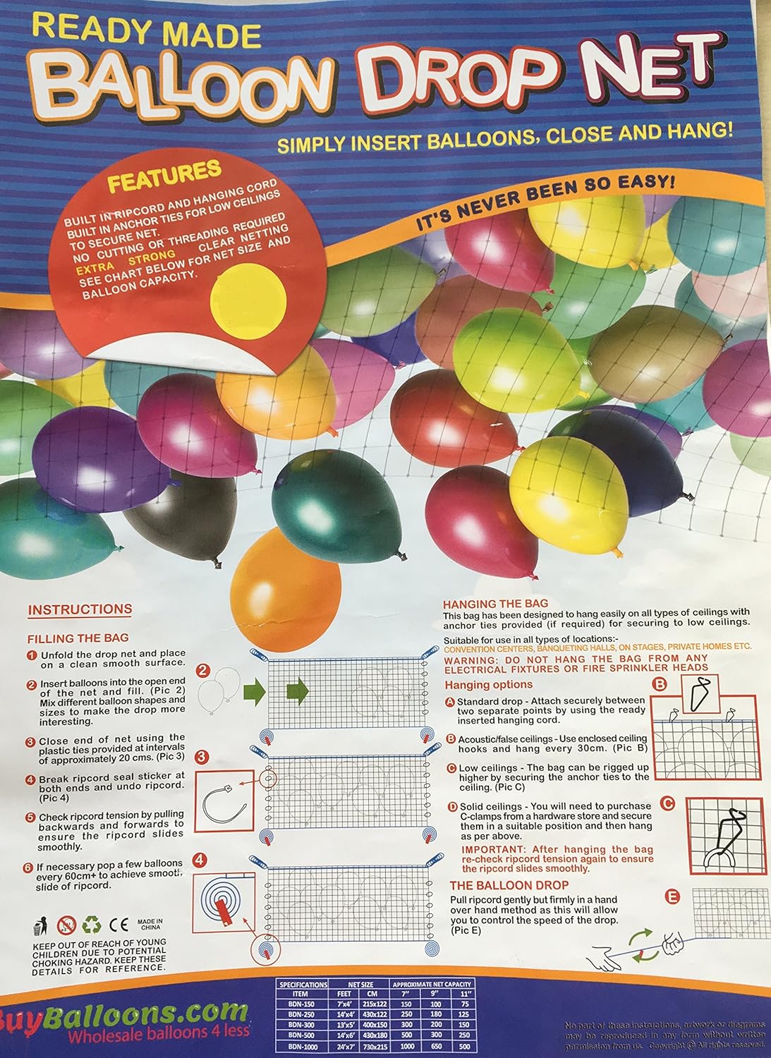 Balloon Drop Net Holds 250 X 11 Latex Balloons Christmas Party