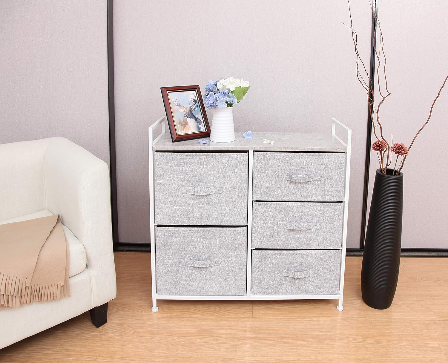 East Loft Storage Cube Dresser Organizer for Closet, Nursery, Bathroom, Laundry or Bedroom 5 Fabric Drawers, Solid Wood Top, Durable Steel Frame Light Grey : Baby