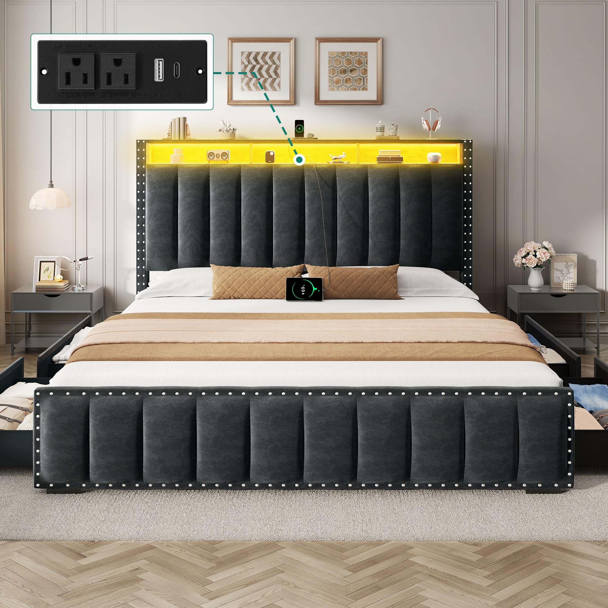 YITAHOME Queen Size Bed Frame with 4 Storage Drawers and RGB LED Lights ...