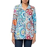 Ali Miles Womens Printed Woven Button Front Tunic Wire Collar Three Quarters Sleeves