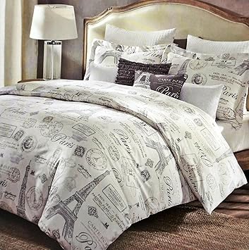 Full Queen King Bed Black White Paris French Eiffel Postcard 5 Pc