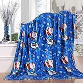 Elegant Comfort Luxury Velvet Super Soft Christmas Prints Fleece Blanket-Holiday Theme Home Décor Fuzzy Warm and Cozy Throws for Winter Bedding, Couch and Gift, 50 x 60 inch, Blue Santa Snowman