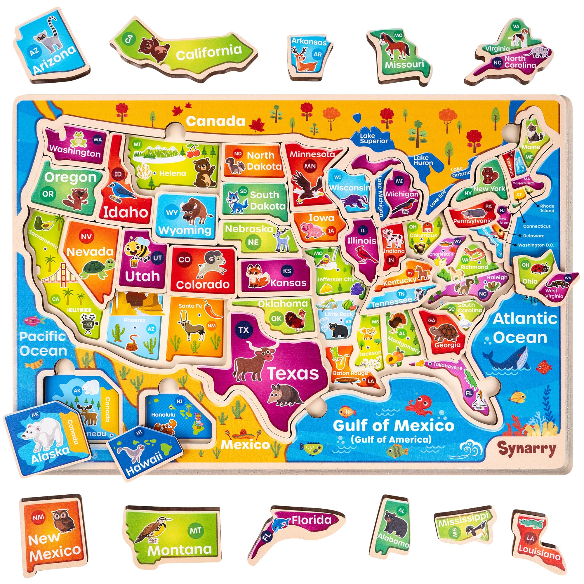 SYNARRY Large USA Wooden Puzzles for Kids Ages 3-5, Learning United States Map Puzzles for Kids Ages 4-6, Wood Jigsaw Puzzles Educational Games Toys for Boys Girls Ages 3-8, Easter Basket Stuffers