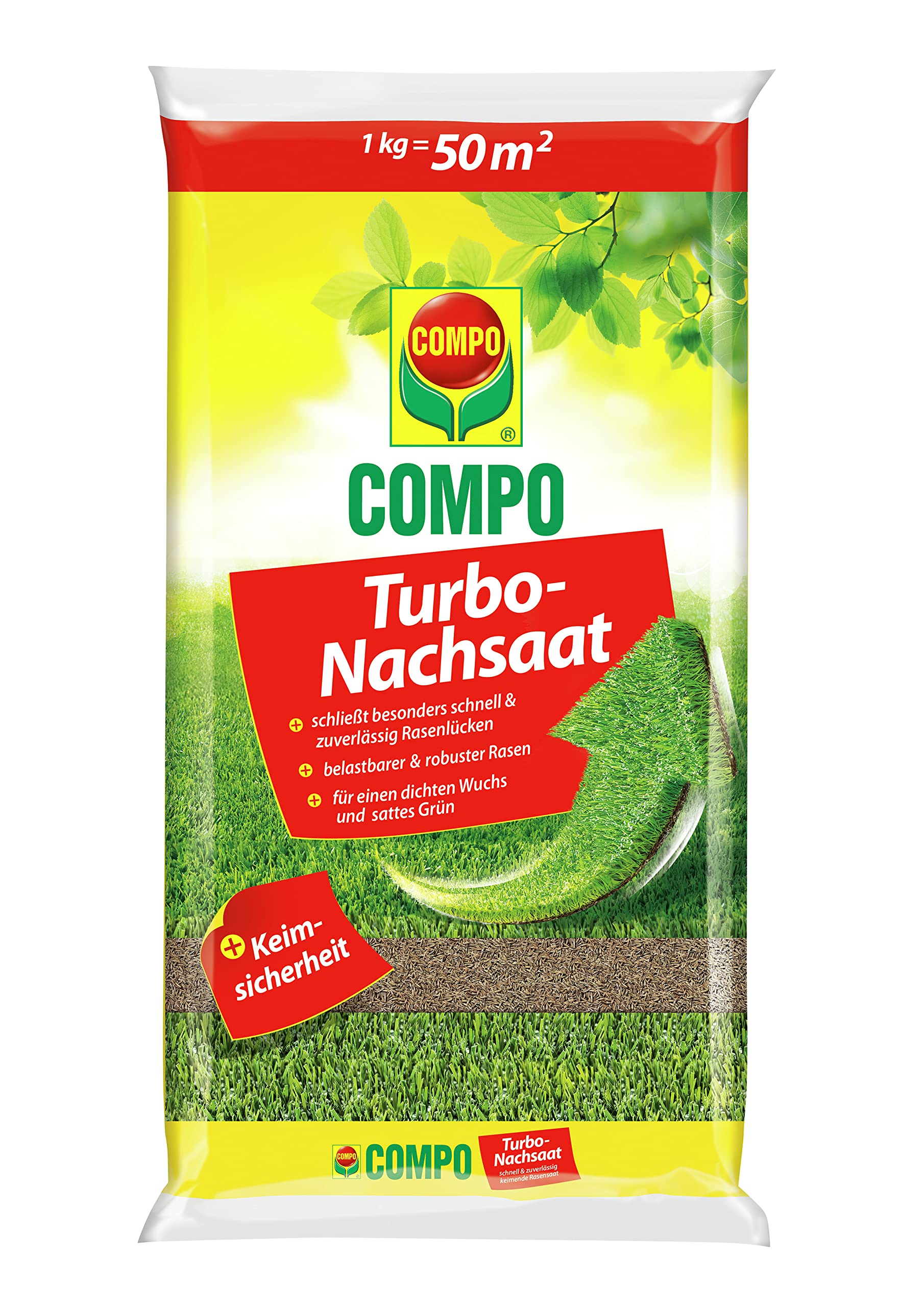 COMPO Turbo Nachsaat, Rasensamen, Schließt besonders schnell und zuverlässig Lücken im Rasen, Mit Keimsicherheit, 1 kg, 50 m²