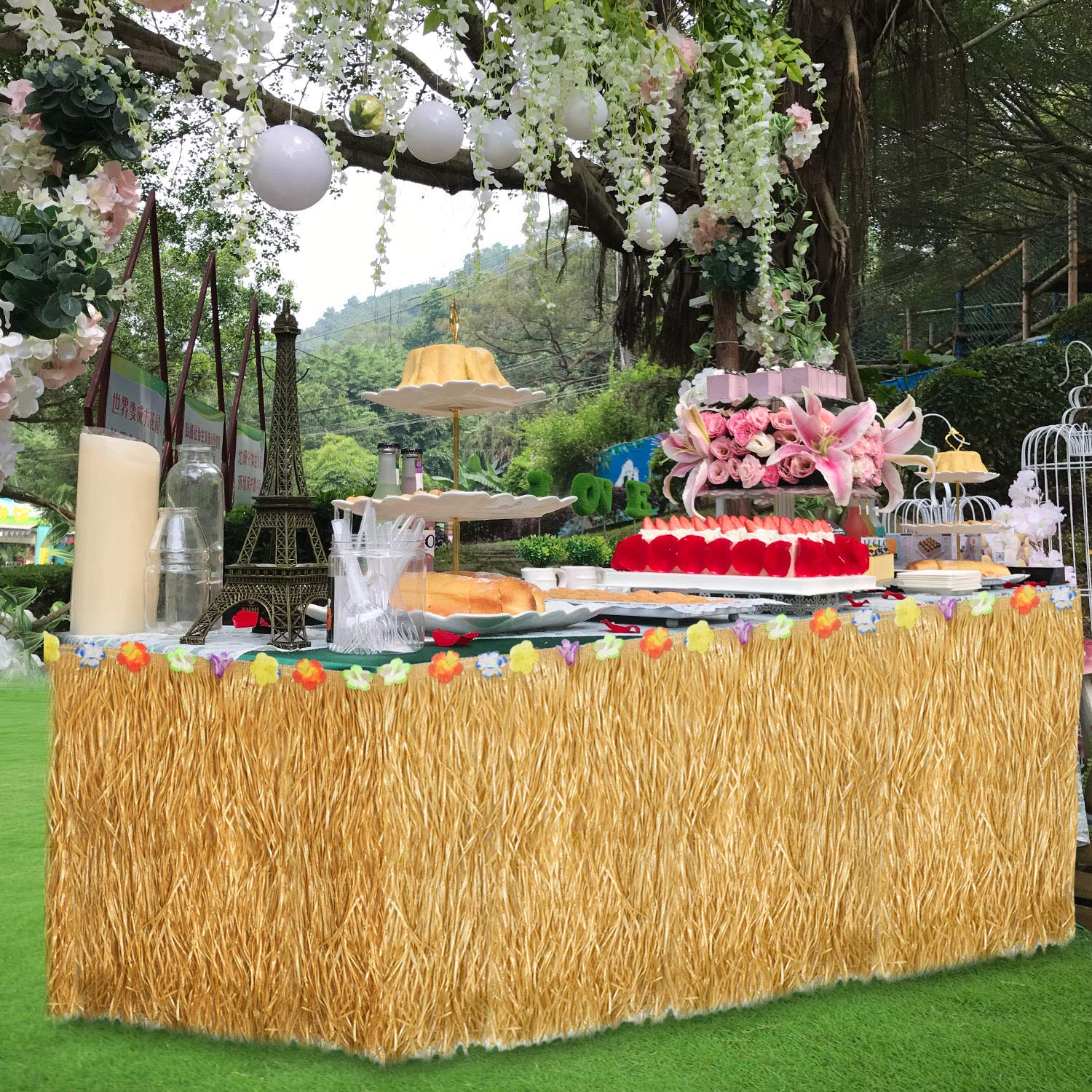 Alcoon Hawaiian Luau Table Skirt 9 Feet Hibiscus Grass Table Skirt 26 Faux Silk Flowers Tropical Island, Luau, Garden Beach Summer, Wedding, Birthday, Party Tableware Decorations