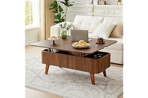 ORRD 3 in 1 Lift Top Coffee Table, Fluted Convertible Coffee Tables Converts to Dining Tables, Modern Oval Wooden Center Table with Storage for Living Room Office Small Space, Partial Assembly (Walnut)