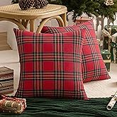 AQOTHES Pack of 2 Christmas Plaid Decorative Throw Pillow Covers Scottish Tartan Cushion Case for Farmhouse Home Holiday Decor Red and Green, 18 x 18 Inches