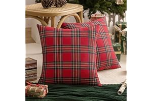AQOTHES Pack of 2 Christmas Plaid Decorative Throw Pillow Covers Scottish Tartan Cushion Case for Farmhouse Home Holiday Decor Red and Green, 18 x 18 Inches