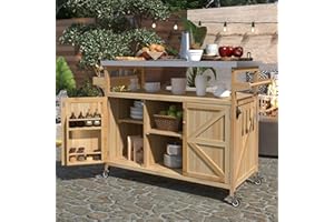 MEETFAV Grill Cart with Stainless Steel Tabletop - Outdoor Storage Cabinet for BBQ, Bar Patio Kitchen Island with Ample Storage and Lockable Wheels