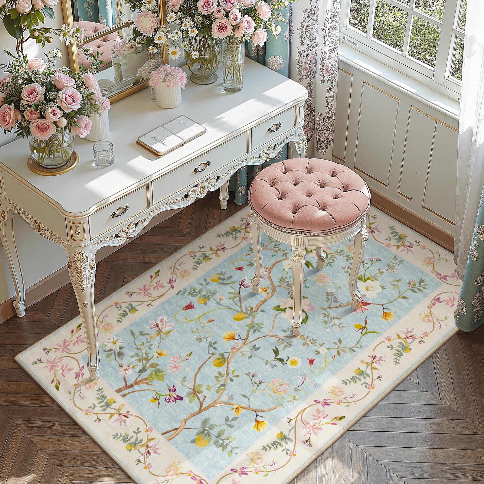 Photo 1 of jinchan Floral 3x5 Rug, Washable Rugs Soft Leightweight Non Slip, Chinoiserie Low Pile Throw Indoor Boho Area Rugs, Thin Carpet for Bedroom Bathroom Office Living Room, Blue/Pink