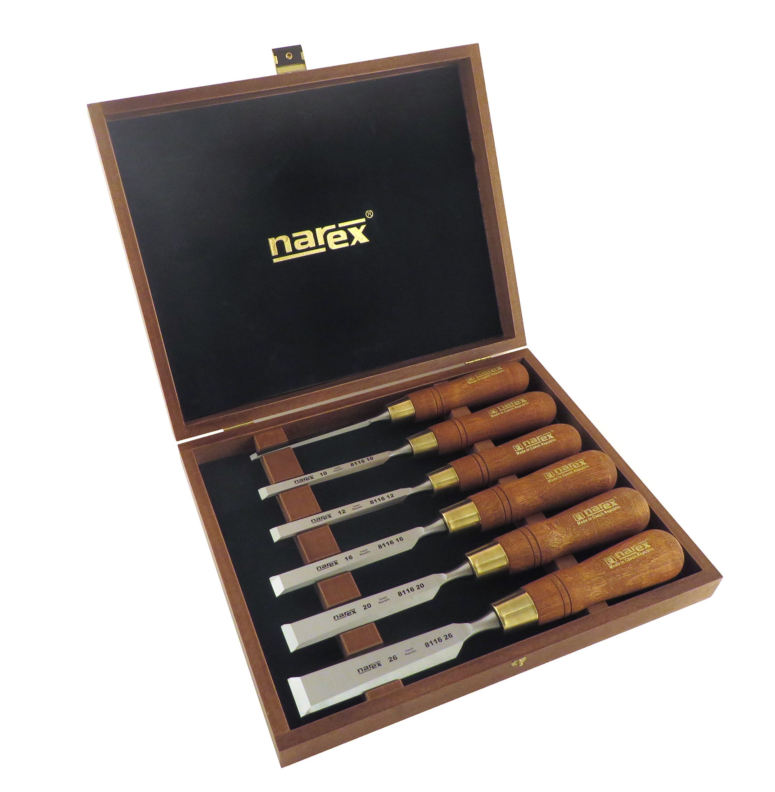 Narex Czech Steel Premium Juego de 6 piezas con cinceles para trabajar la madera de 6 mm (1/4), 10 mm (3/8), 12 mm (1/2), 16 mm (5/8), 20 mm (13/16), 26 mm (1-1/16) con mangos de carpe en caja de presentación de madera 853200