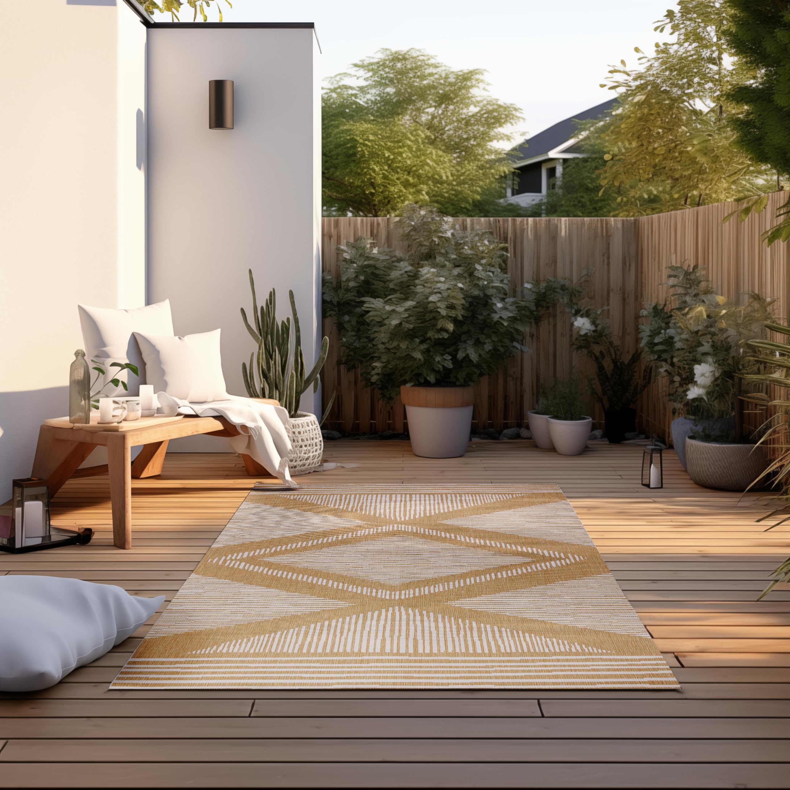 ELLE Decoration Indoor and Outdoor Rug Reversible Rug Weatherproof & Waterproof Modern Diamond Pattern Geometric Pattern Outdoor Rug for Garden, Balcony, Patio, Living Room - Ochre, 80 x 150 cm