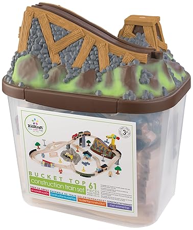 KidKraft 17805 Bucket Top Construction Holzeisenbahn-Set für Kinder mit Aufbewahrungsbox und 61 Spielteilen inklusiv Kran und Zubehör