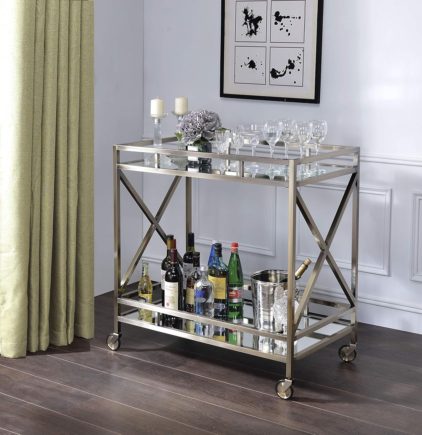 Benjara Open Metal Frame 2 Tier Mirrored Serving Cart, Antique Gold and Silver