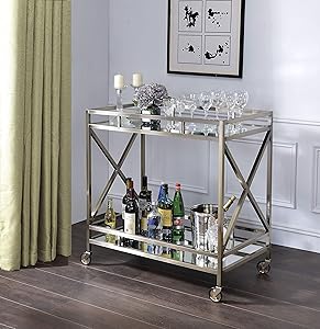 Benjara Open Metal Frame 2 Tier Mirrored Serving Cart, Antique Gold and Silver