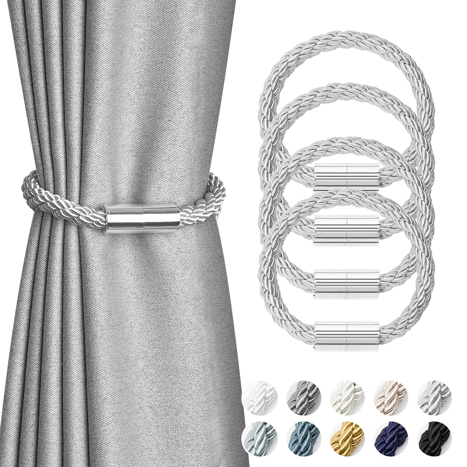 Pretty Jolly 4 Pack Mini Magnetic Curtain Tiebacks Modern Simple Style Drape Tie Backs Elegant Decorative Weave Rope Curtain Holdbacks for Home & Office Thin Window Draperies (Light Grey)