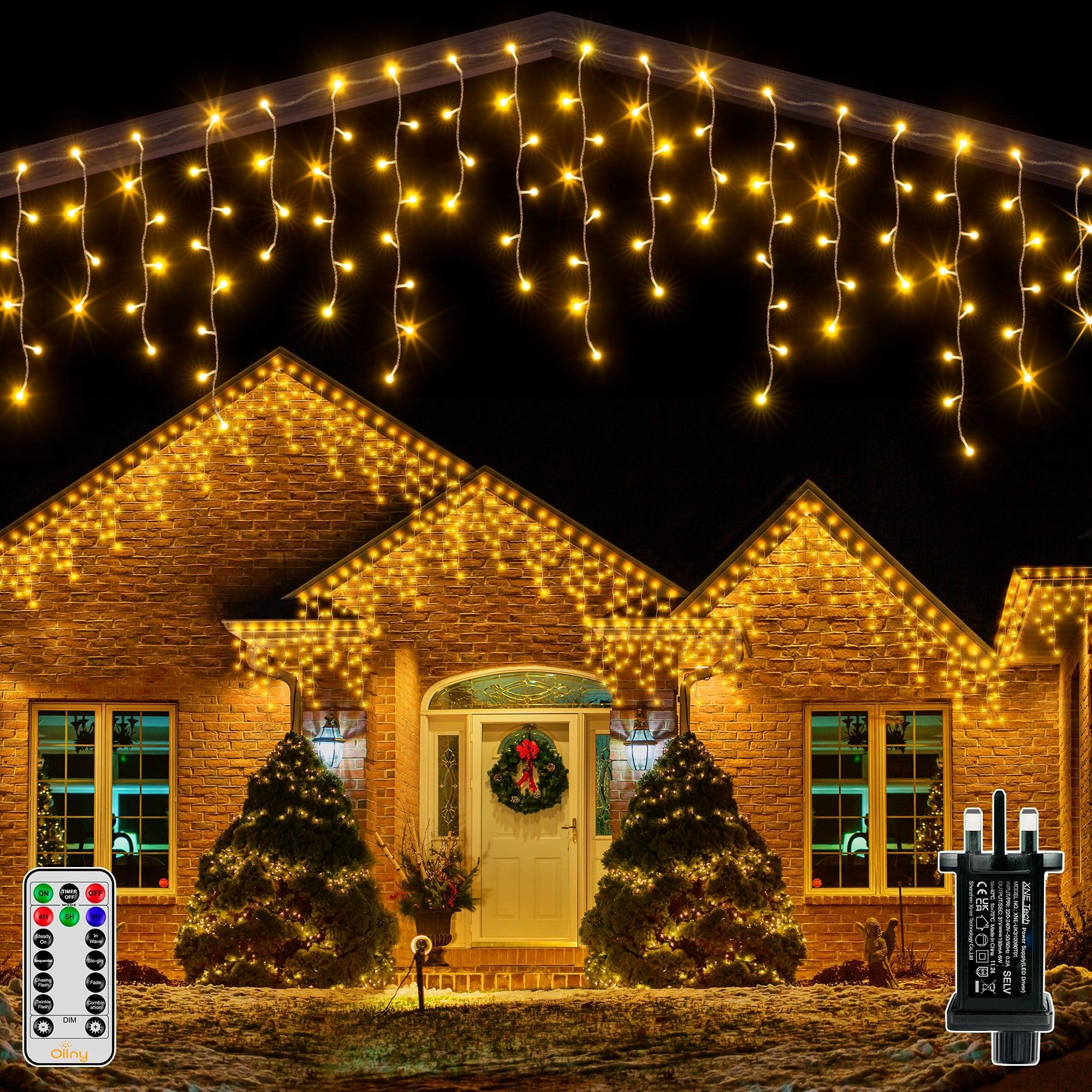 Ollny Icicle Outdoor Christmas Lights, 10M 400 LED Waterproof Hanging Fairy Light, Plug/Remote/8 Modes/Timer/Connectable Warm White String Light, Lighting Outside Gutter House Roof Xmas Decorations