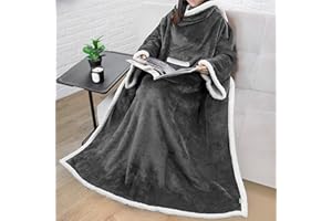 PAVILIA Sherpa Fleece Blanket with Sleeves Women Men Adult, Wearable Blanket Warm Soft Plush Thick, Hug Sleep Pod Snuggle Pocket Sleeved TV Throw Wrap, Cozy Ideas Mom Wife, Dark Gray