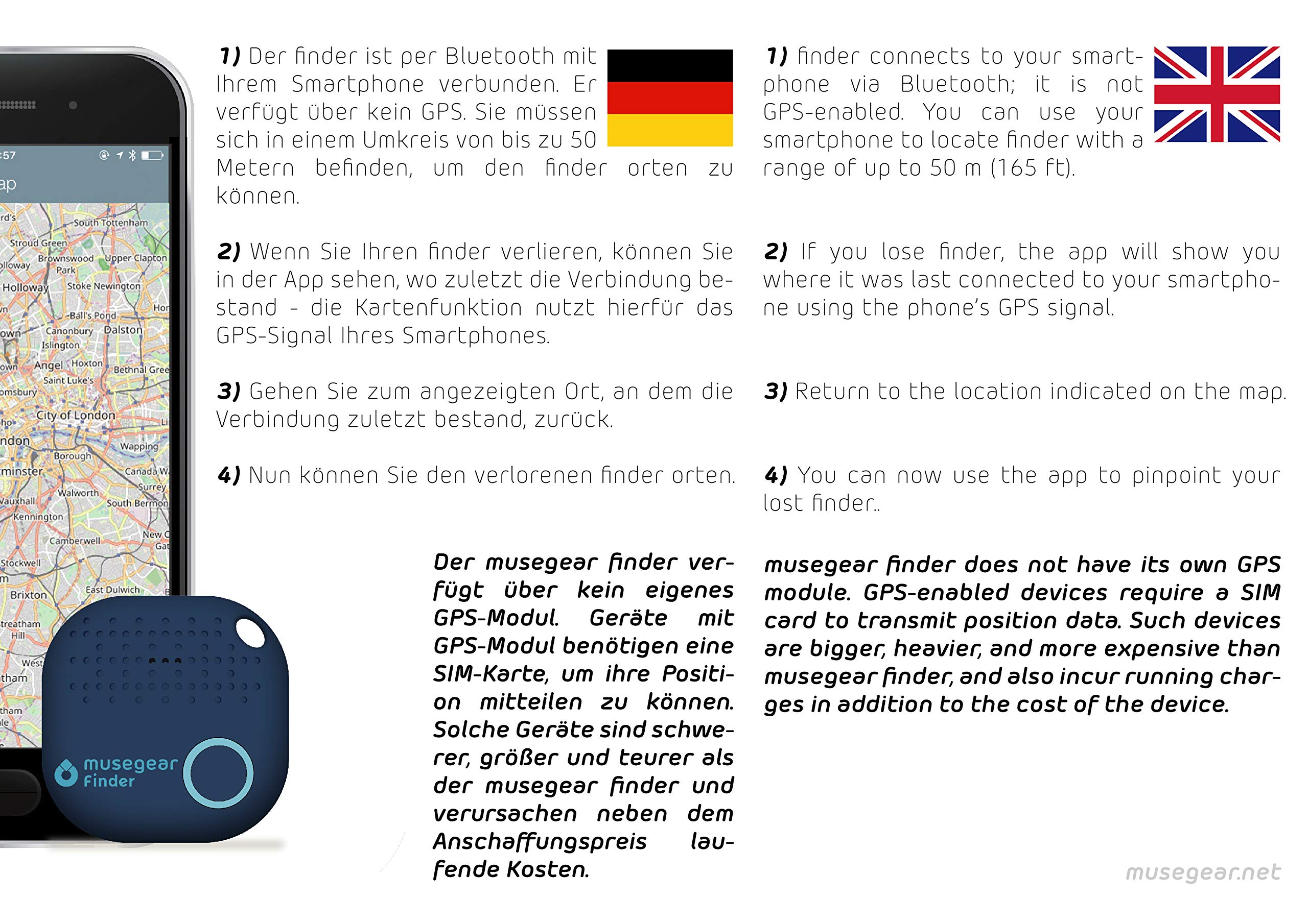 musegear app key finder (dark blue), NEW VERSION 2 | 3x louder | Easily find and track your keys, phone, remote, wallet | Smartphone Bluetooth-GPS pairing