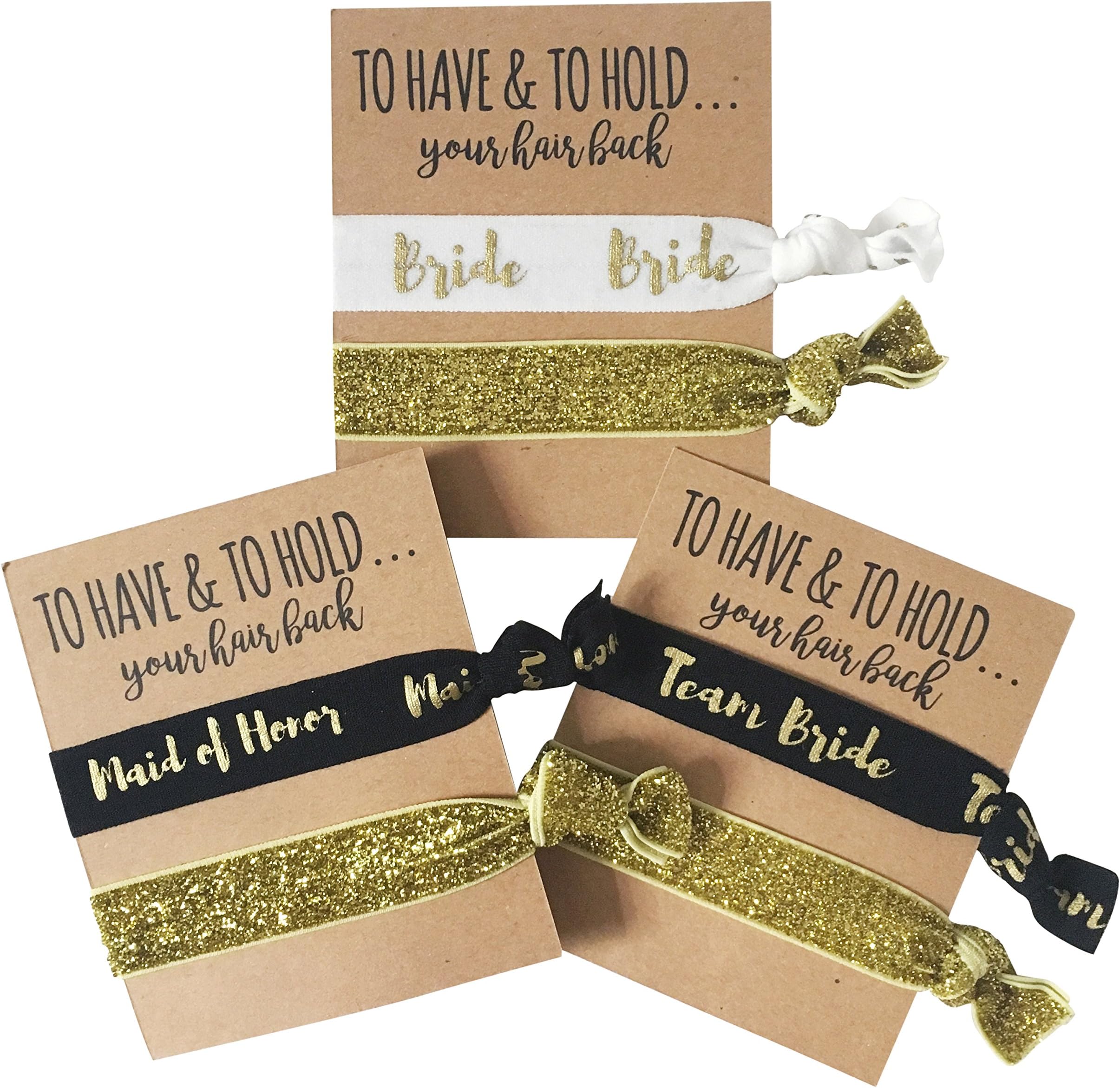 Set of 12" To Have and to Hold Your Hair back" Bachelorette Party Hair Ties by Bachelorette Box. Includes Bride, Maid of Honor, and Team Bride designs.