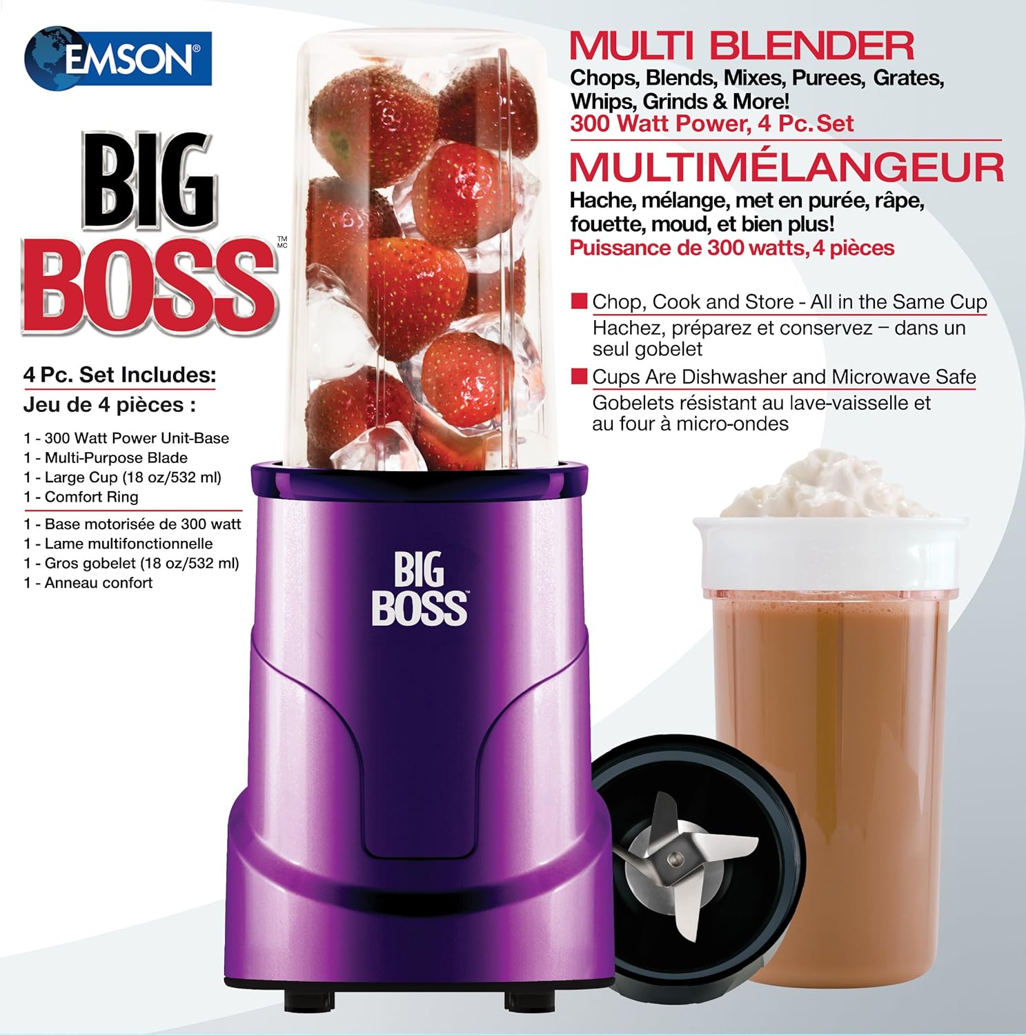 Big Boss 8867 4-Piece Personal Countertop Blender Mixing System, 300-watt, Purple