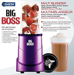 Big Boss 8867 4-Piece Personal Countertop Blender Mixing System, 300-watt, Purple