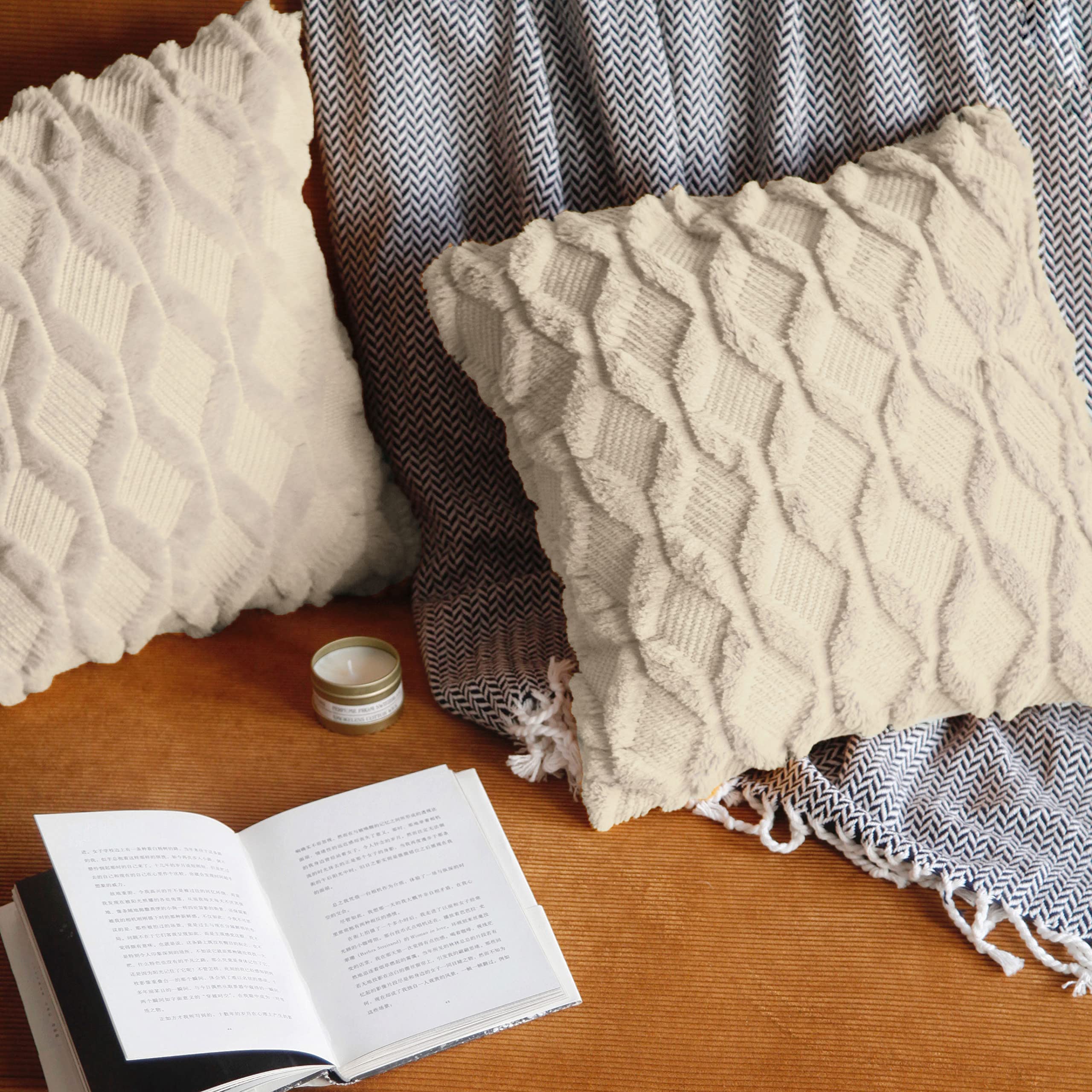 Pagnanno. Set of 2 Soft Velvet Cushion Covers 45x45cm(18x18 Inches) Fluff Throw Pillowcases Square Cushion Covers for Chairs,living room,bedroom with Invisible Zipper (18"x18" (Pack of 2), Cream) — image 1