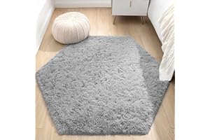 KIXINWA Grey Hexagon Rug, 6X5.2 Feet Fluffy Area Rug for Kids Room Bedroom Living Room Home Decor, Super Soft Cute Non Slip Rug, Shaggy Plush Nursery Carpet