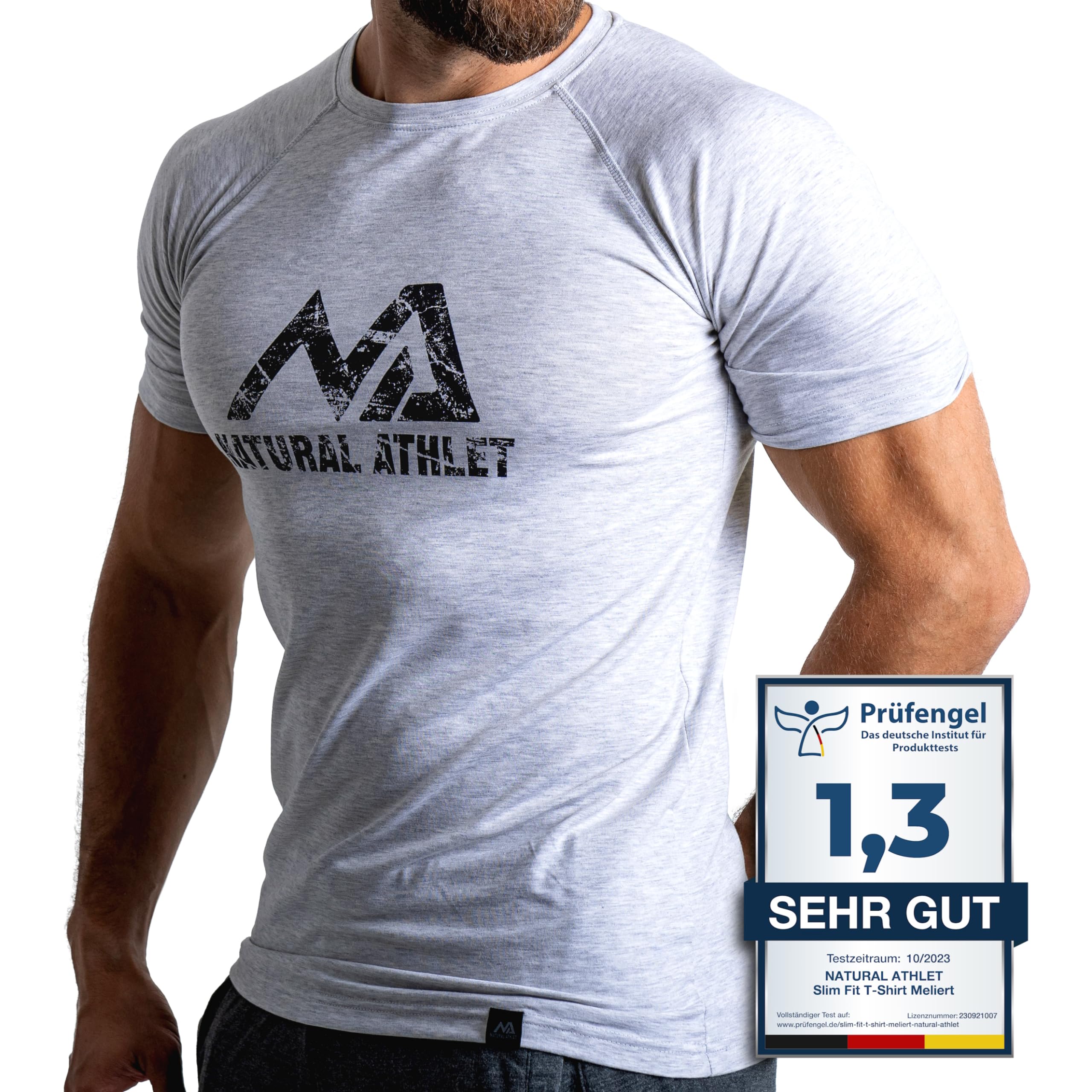 Herren Fitness T-Shirt meliert - Männer Kurzarm Shirt für Gym & Training - Passform Slim-Fit, lang mit Rundhals, Hellgrau, M