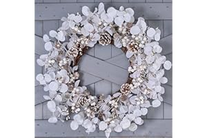 WSTPUPU Winter Wreath 20 Inch Winter Wreaths for Front Door Artificial White Berry Wreath with Pine Cones and White Leaves fo