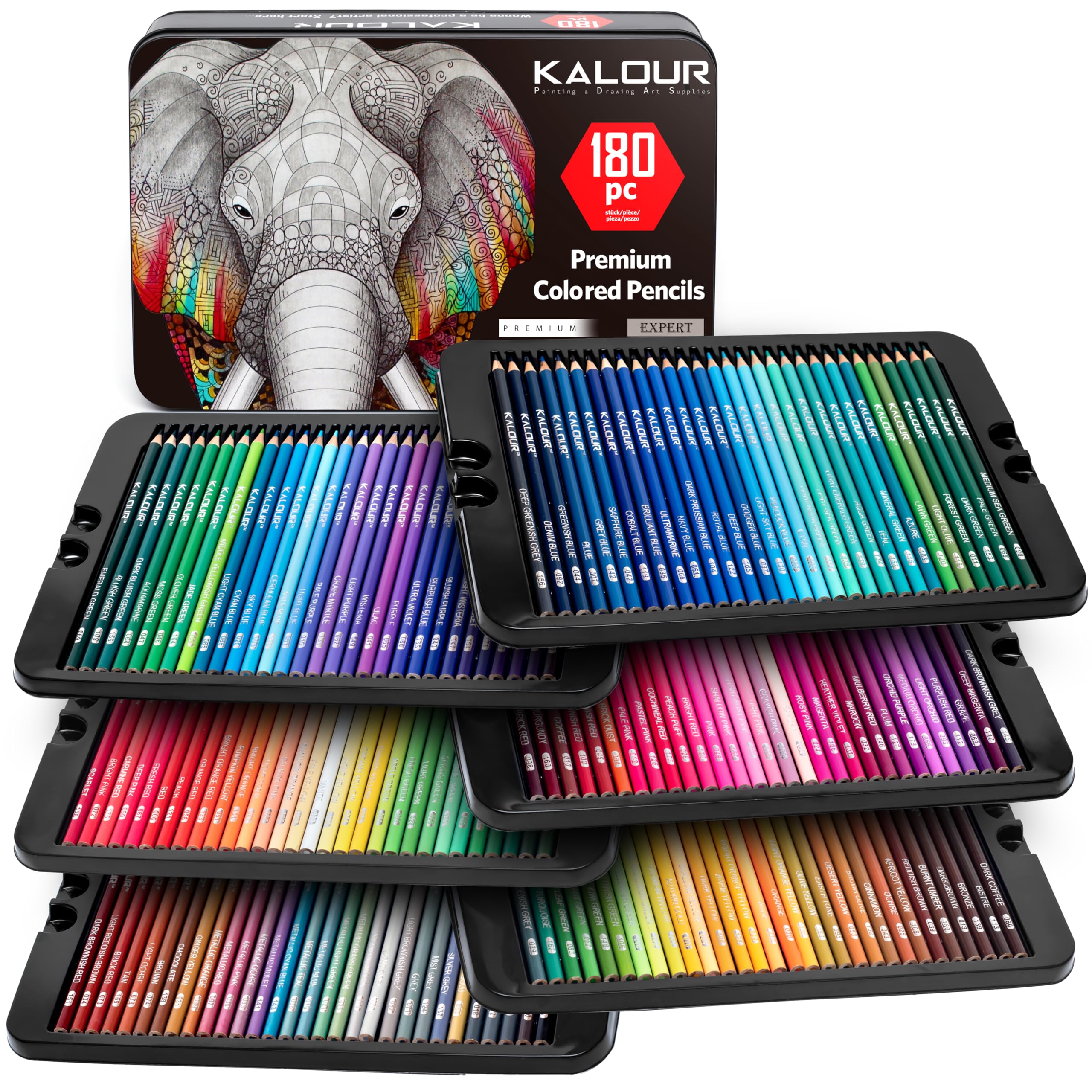 KALOUR Juego de 180 lápices de colores para artistas adultos - Núcleo suave de pigmento rico - 12 lápices metálicos - Ideal para colorear, dibujar, dibujar, mezclar sombreados - Color vibrante (estuche de hojalata)