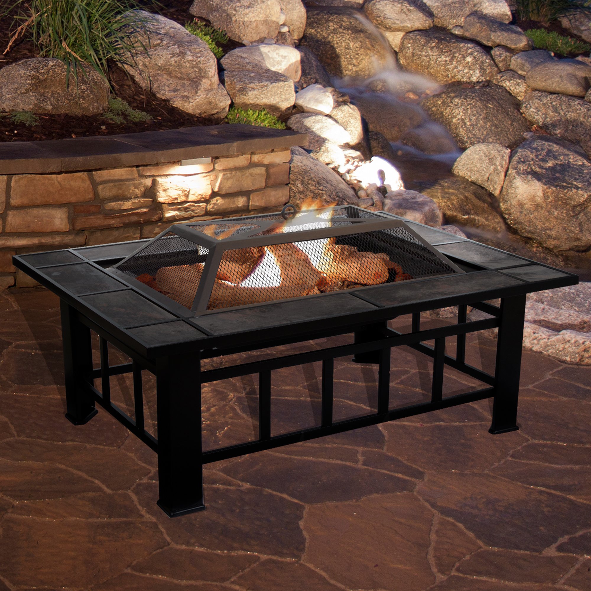 Fire Pit Set, Wood Burning Pit -Includes Screen, Cover and Log Poker- Great for Outdoor and Patio, 37” Marble Tile Rectangular Firepit by Pure Garden