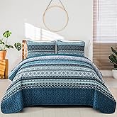 WONGS BEDDING Boho Queen Quilt Set, Blue Bohemian Queen Quilt Bedding Set, Lightweight Microfiber Bed Decor Bedspread for All Season 96"x90"(3 Pieces)