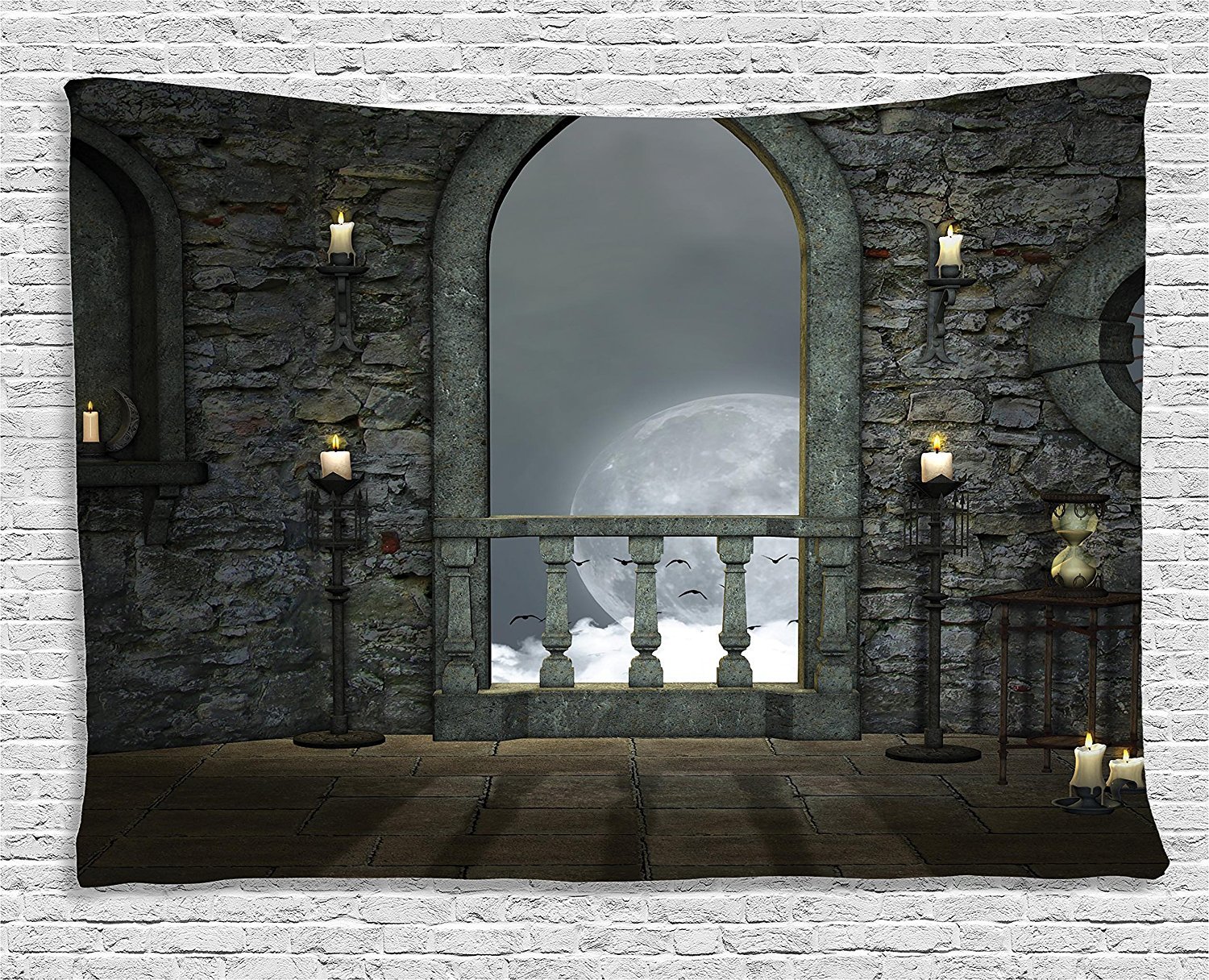 Tableaux Posters Et Arts Decoratifs Tapisseries gd In Green Gray Full Moon Birds Fairytale Fantasy Old Castle Balcony Candle Lights Night View Art Gothic Decor Tapestry By 60w X 40l Inch Bedroom Living