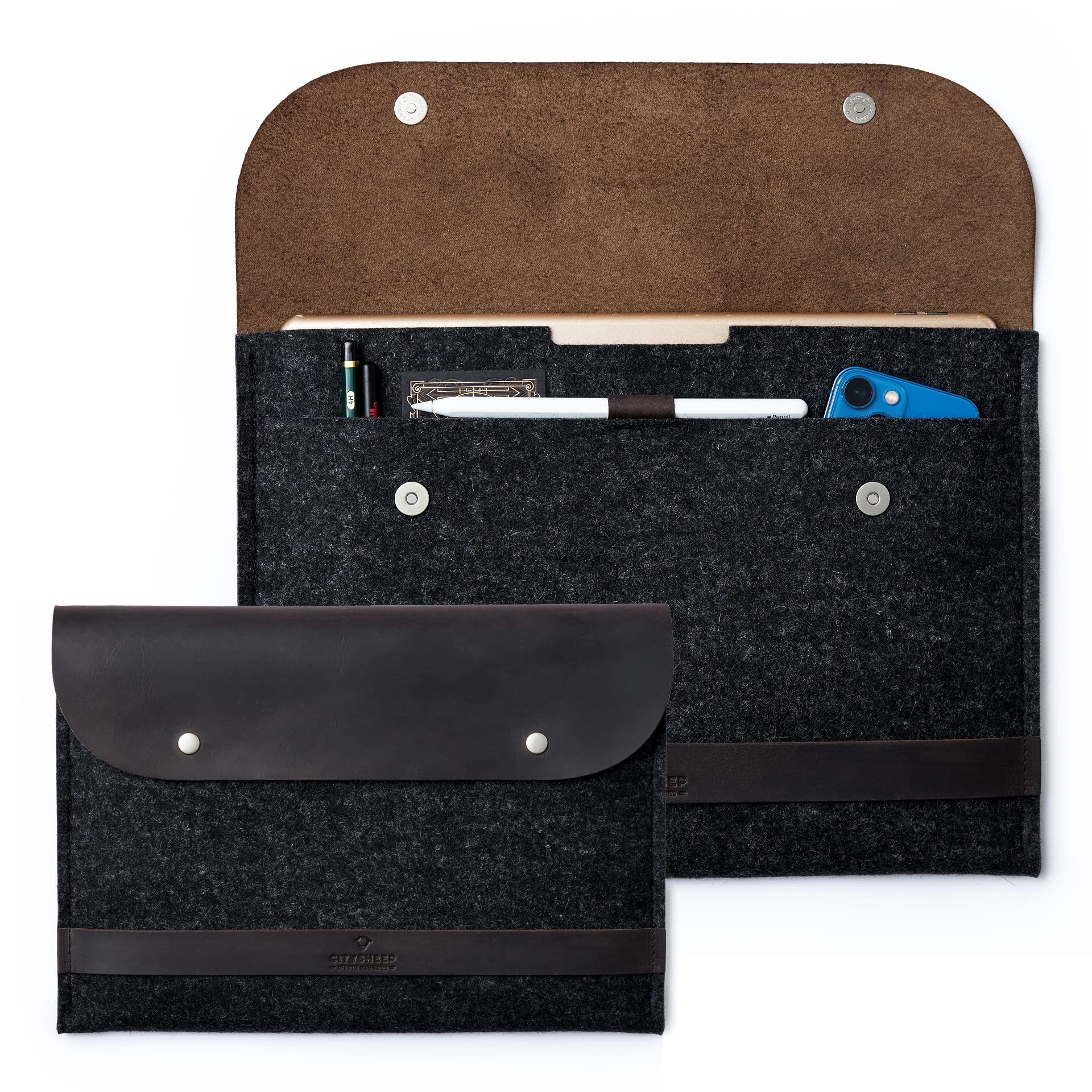 CITYSHEEP iPad Pro 12.9" Sleeve Case Bag Fits with Magic or Smart Keyboard, Apple Pencil Holder, Separate Compartment for Charger, Documents. Natural Wool Felt and Real Leather. Anthracite/Brown.