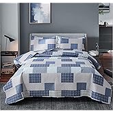 Bedspread Set Queen/Full Size Plaid Quilt Bedding Queen Grey Blue Patchwork Modern Lightweight Quilt Bedspread Home Reversible Coverlet-Soft Polyester 3 Piece Quilt Set Collection
