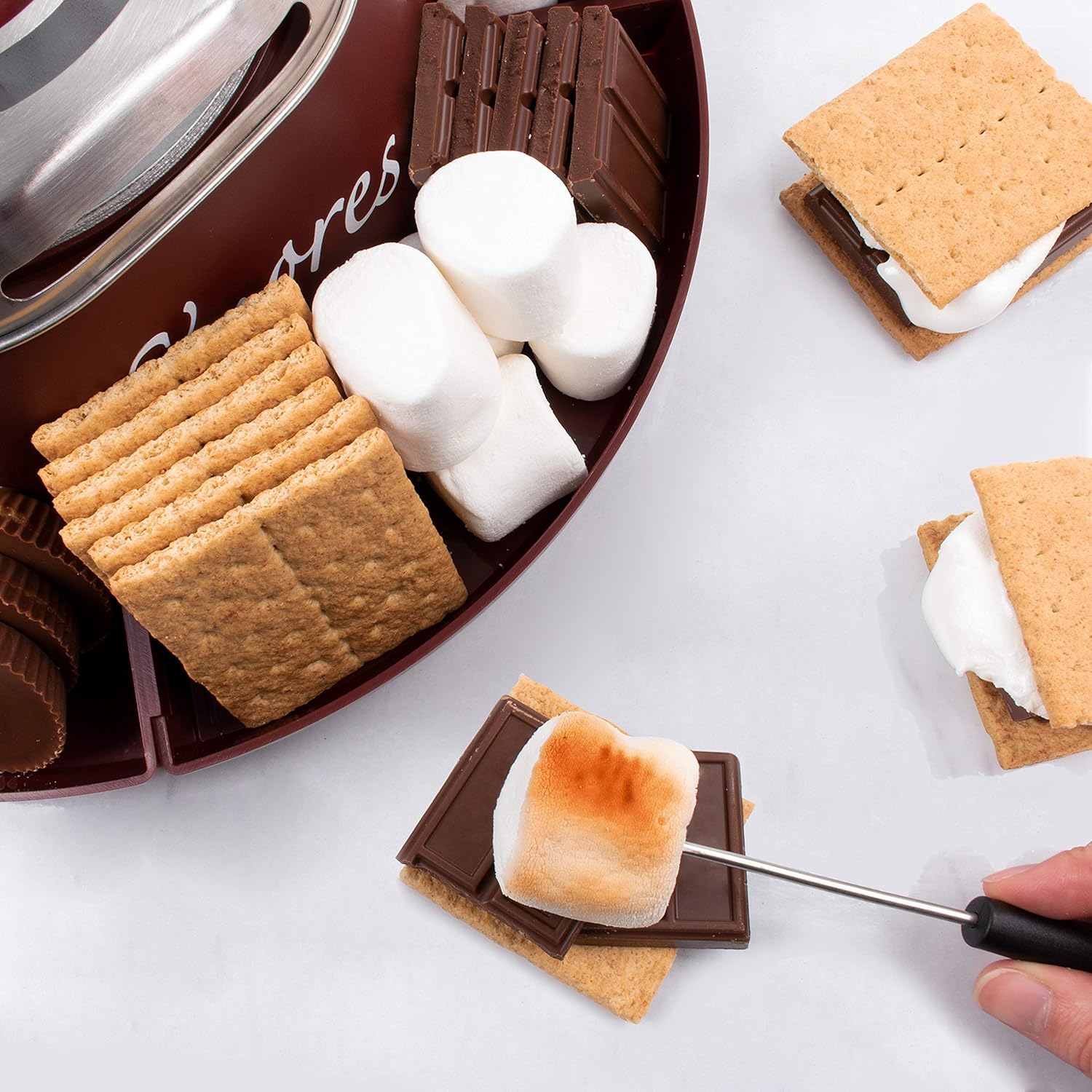 Nostalgia Indoor Electric Stainless Steel S'mores Maker with 4 Compartment Trays for Graham Crackers, Chocolate, Marshmallows and 2 Roasting Forks, Brown: Kitchen & Dining