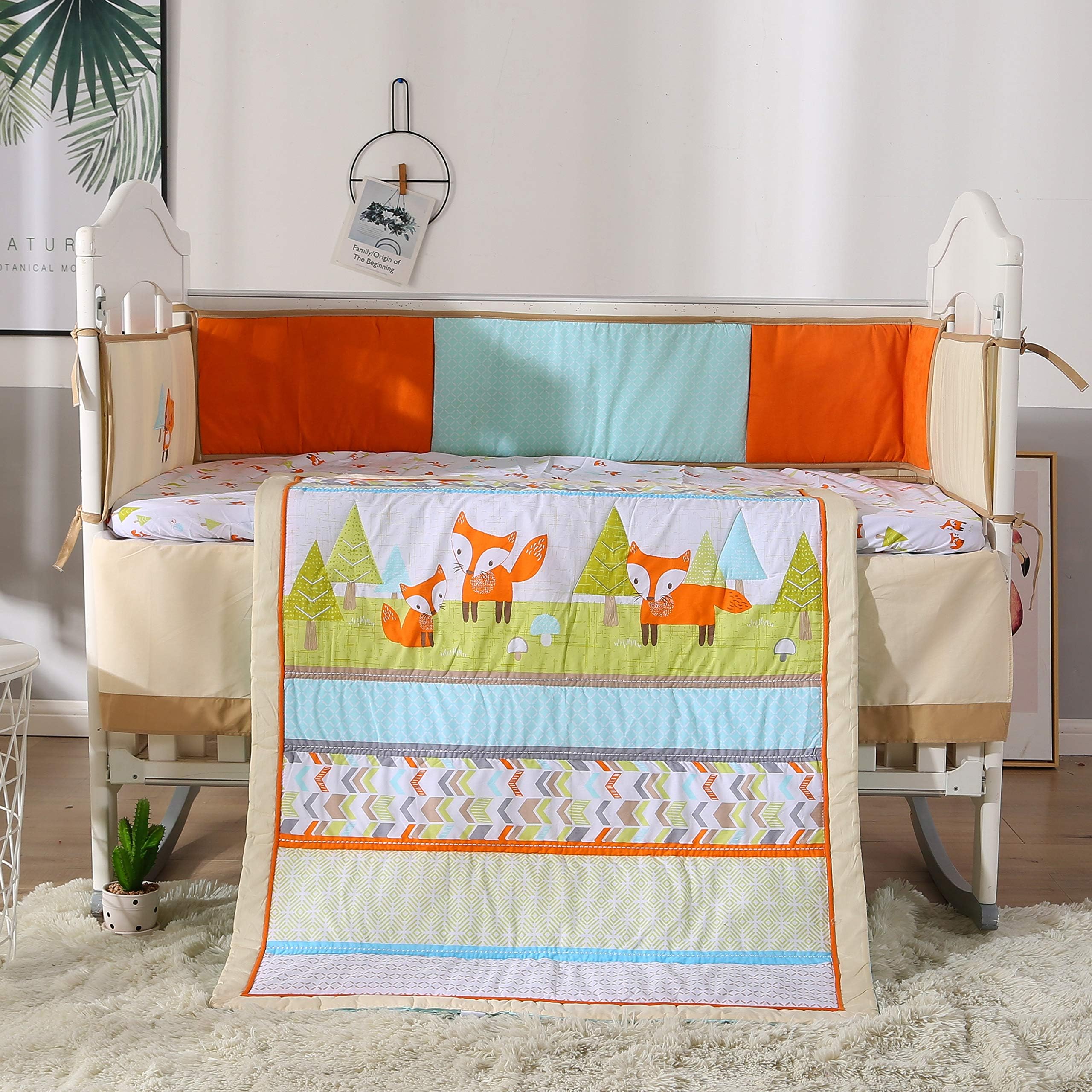 Wowelife Fox Crib Bedding Set 7 Piece 100% Cotton Forest Baby Crib Set Orange
