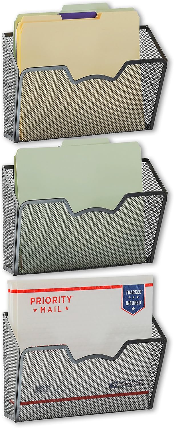3 Pack - SimpleHouseware Wall Mount Single Pocket File Organizer Holder, Black : Office Products